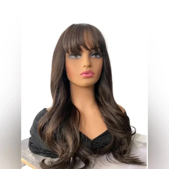 Chocolate Brown Wavy Long Wig with bangs 26” - Picture 1 of 10